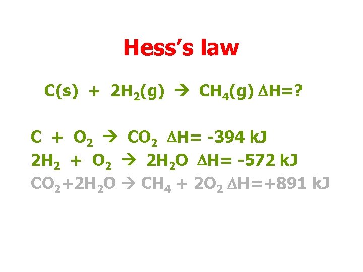Hess’s law C(s) + 2 H 2(g) CH 4(g) DH=? C + O 2