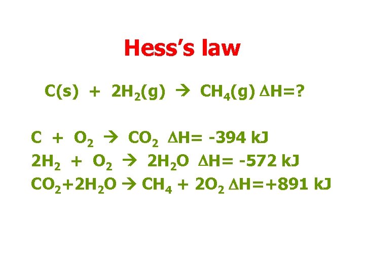 Hess’s law C(s) + 2 H 2(g) CH 4(g) DH=? C + O 2