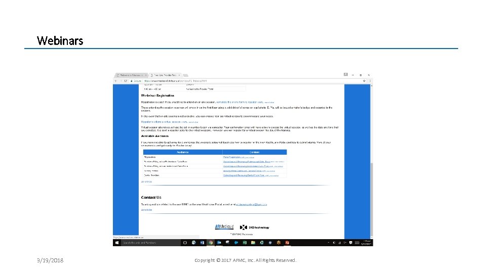 Webinars 3/19/2018 Copyright © 2017 AFMC, Inc. All Rights Reserved. 