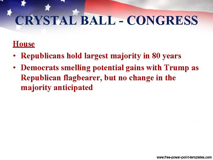 CRYSTAL BALL CONGRESS House • Republicans hold largest majority in 80 years • Democrats