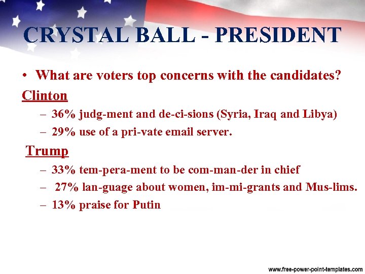 CRYSTAL BALL PRESIDENT • What are voters top concerns with the candidates? Clinton –