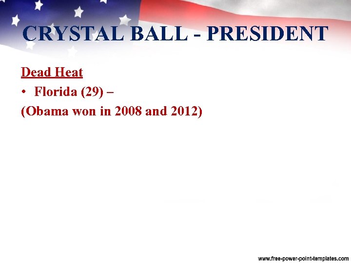 CRYSTAL BALL PRESIDENT Dead Heat • Florida (29) – (Obama won in 2008 and