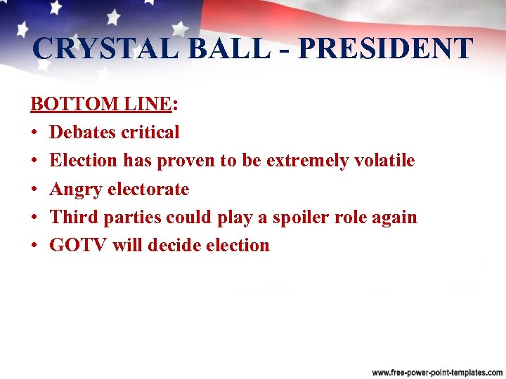 CRYSTAL BALL PRESIDENT BOTTOM LINE: • Debates critical • Election has proven to be