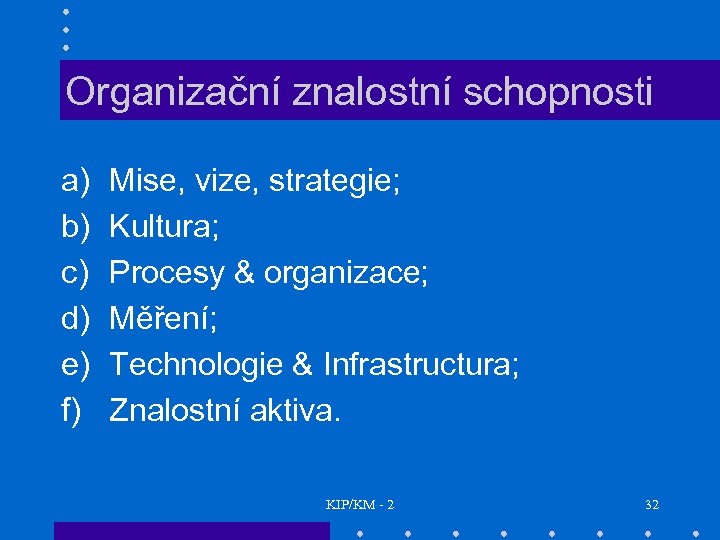 Organizační znalostní schopnosti a) b) c) d) e) f) Mise, vize, strategie; Kultura; Procesy