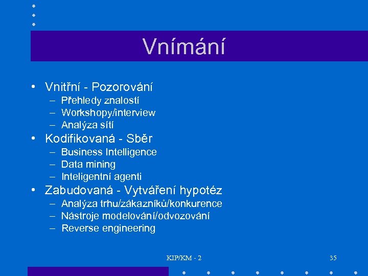 Vnímání • Vnitřní - Pozorování – Přehledy znalostí – Workshopy/interview – Analýza sítí •