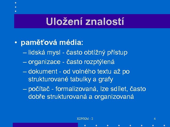 Uložení znalostí • paměťová média: – lidská mysl - často obtížný přístup – organizace