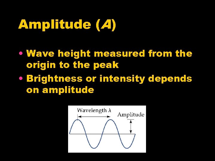 Amplitude (A) • Wave height measured from the origin to the peak • Brightness