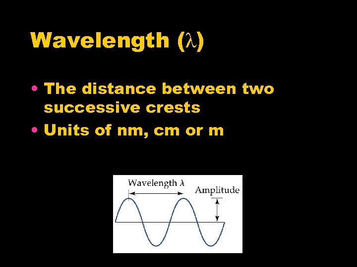 Wavelength (λ) • The distance between two successive crests • Units of nm, cm