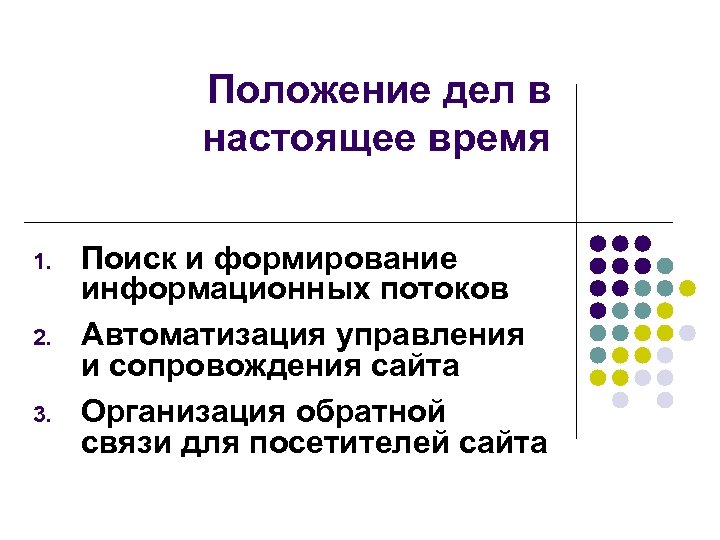 Положение дел в настоящее время 1. 2. 3. Поиск и формирование информационных потоков Автоматизация