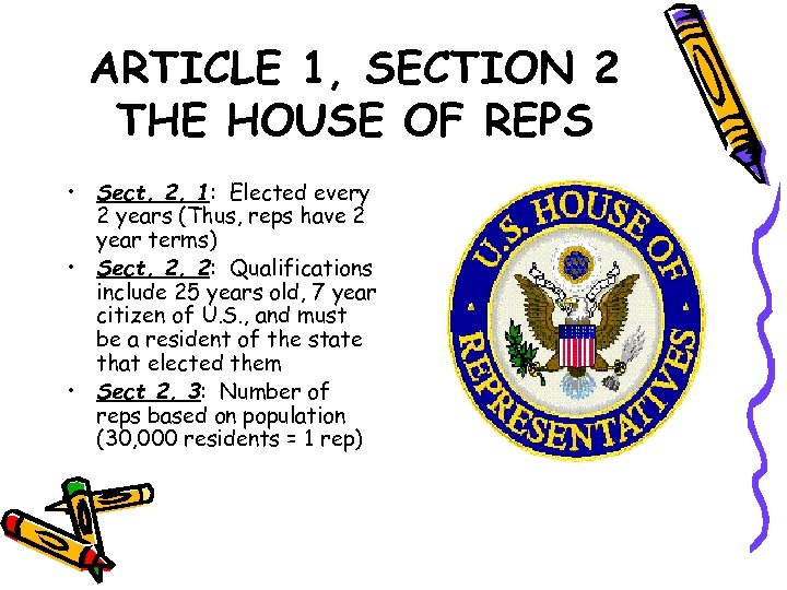 ARTICLE 1, SECTION 2 THE HOUSE OF REPS • Sect. 2, 1: Elected every