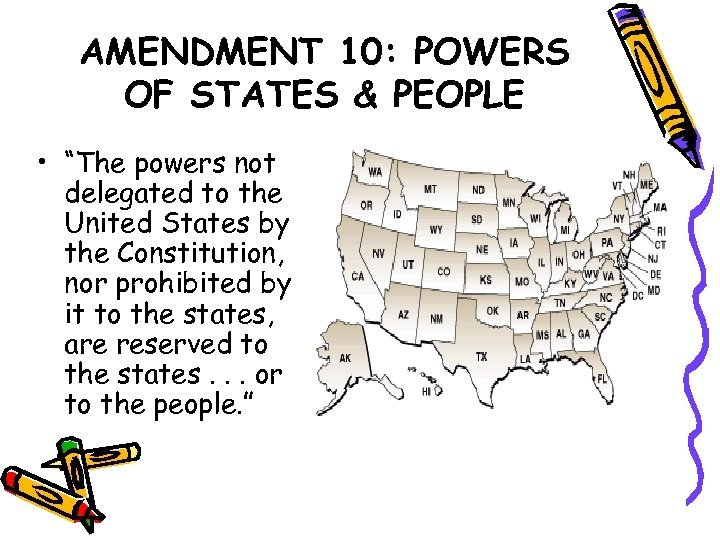 AMENDMENT 10: POWERS OF STATES & PEOPLE • “The powers not delegated to the