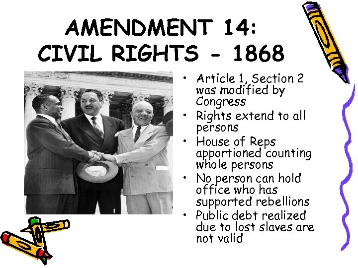 AMENDMENT 14: CIVIL RIGHTS - 1868 • Article 1, Section 2 was modified by