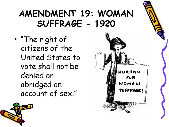 AMENDMENT 19: WOMAN SUFFRAGE - 1920 • “The right of citizens of the United