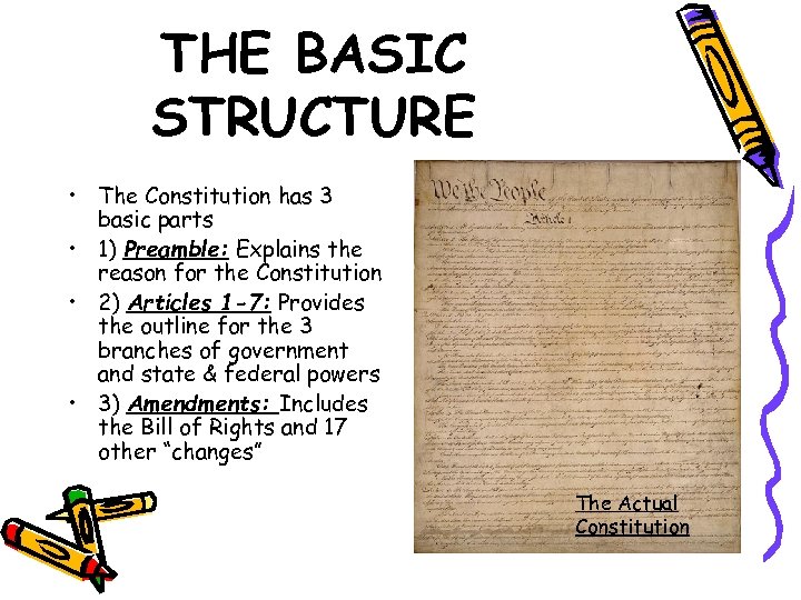 THE BASIC STRUCTURE • The Constitution has 3 basic parts • 1) Preamble: Explains