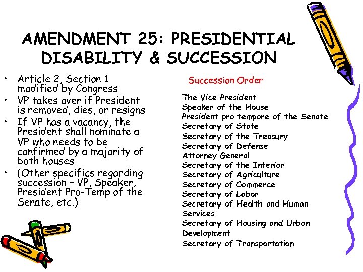 AMENDMENT 25: PRESIDENTIAL DISABILITY & SUCCESSION • Article 2, Section 1 modified by Congress
