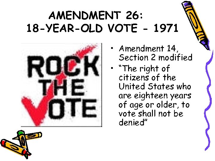 AMENDMENT 26: 18 -YEAR-OLD VOTE - 1971 • Amendment 14, Section 2 modified •