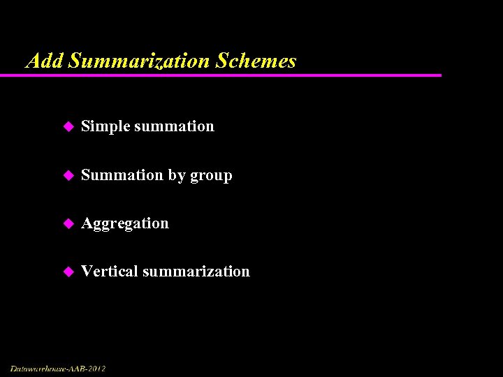 Add Summarization Schemes u Simple summation u Summation by group u Aggregation u Vertical