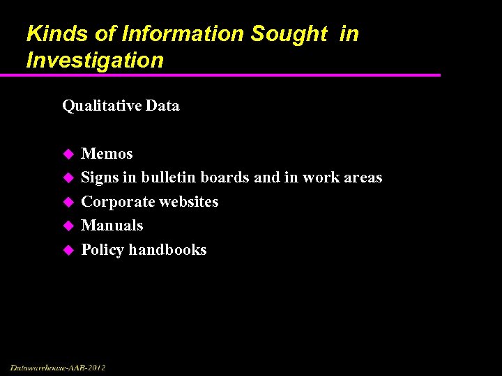 Kinds of Information Sought in Investigation Qualitative Data u u u Memos Signs in