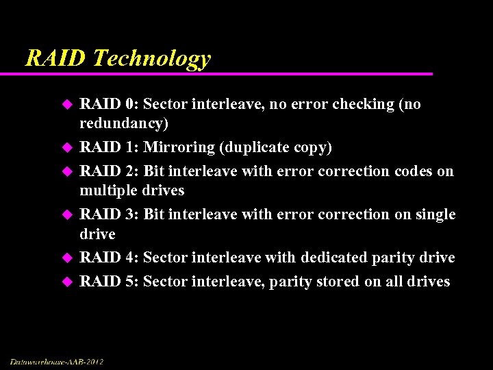 RAID Technology u u u RAID 0: Sector interleave, no error checking (no redundancy)