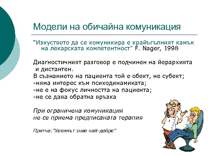 Модели на обичайна комуникация “Изкуството да се комуникира е крайъгълният камък на лекарската компетентност”