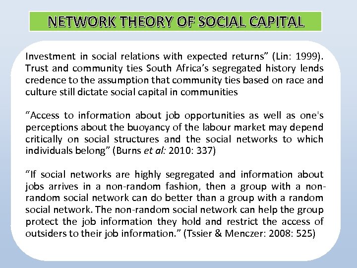 NETWORK THEORY OF SOCIAL CAPITAL Investment in social relations with expected returns” (Lin: 1999).