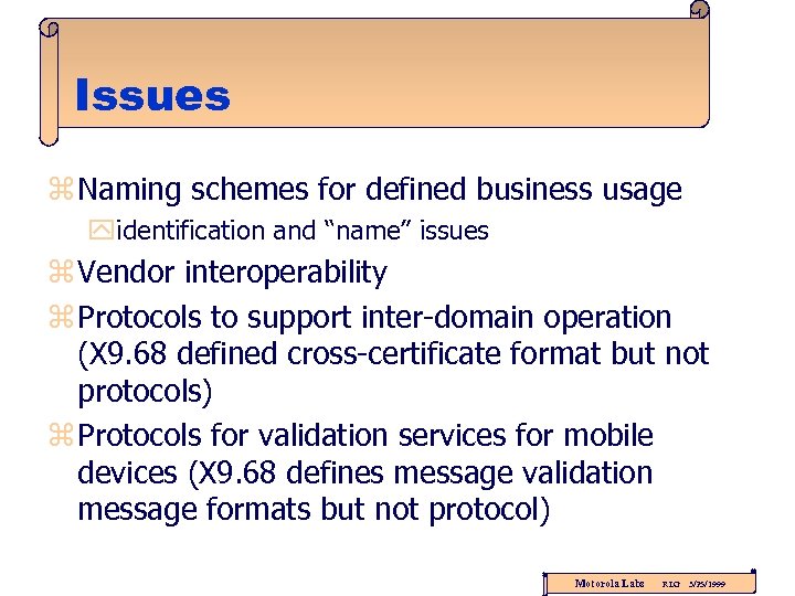 Issues z Naming schemes for defined business usage yidentification and “name” issues z Vendor