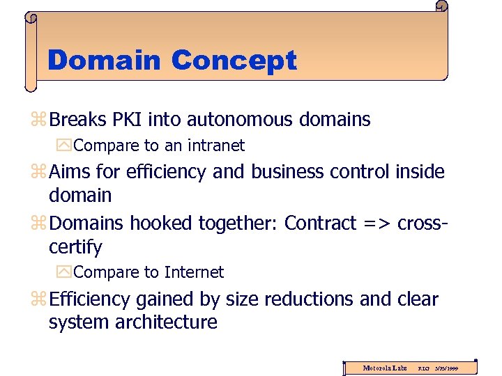 Domain Concept z Breaks PKI into autonomous domains y. Compare to an intranet z