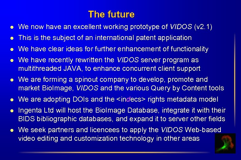 The future l We now have an excellent working prototype of VIDOS (v 2.