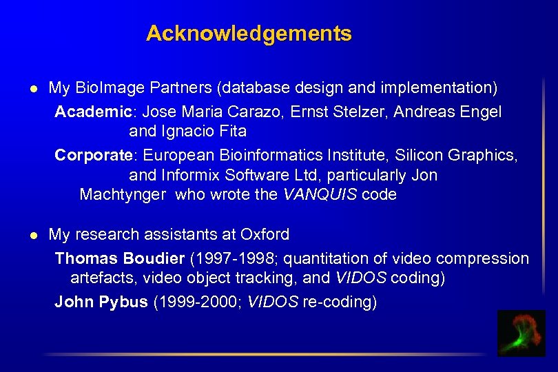Acknowledgements l My Bio. Image Partners (database design and implementation) Academic: Jose Maria Carazo,