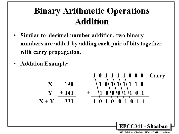 Binary Arithmetic Operations Addition • Similar to decimal number addition, two binary numbers are