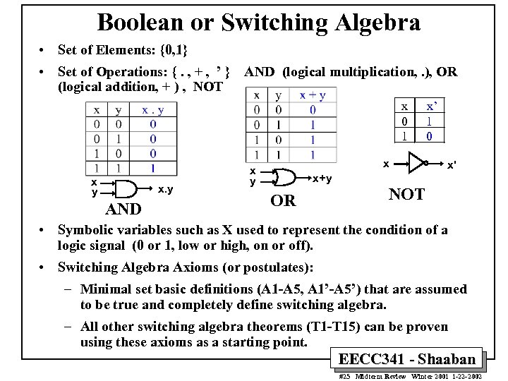 Boolean or Switching Algebra • Set of Elements: {0, 1} • Set of Operations: