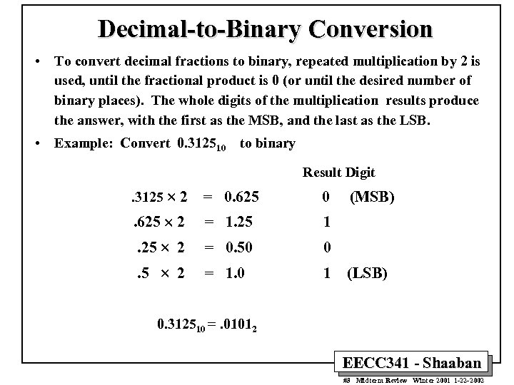 Decimal-to-Binary Conversion • To convert decimal fractions to binary, repeated multiplication by 2 is