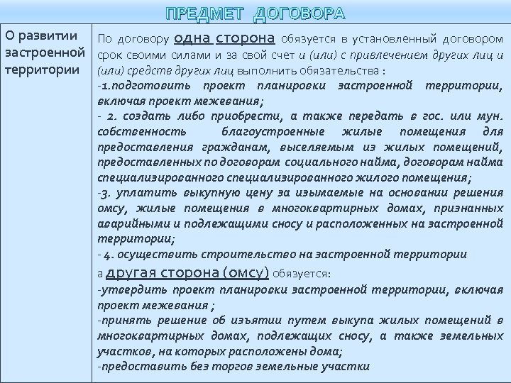 ПРЕДМЕТ ДОГОВОРА По договору одна сторона обязуется в установленный договором О развитии застроенной срок