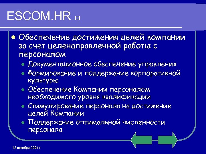 ESCOM. HR l Обеспечение достижения целей компании за счет целенаправленной работы с персоналом l