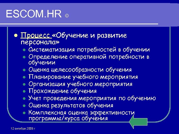 ESCOM. HR l Процесс «Обучение и развитие персонала» l l l l l Систематизация