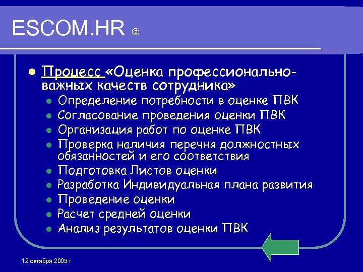 ESCOM. HR l Процесс «Оценка профессиональноважных качеств сотрудника» l l l l l Определение