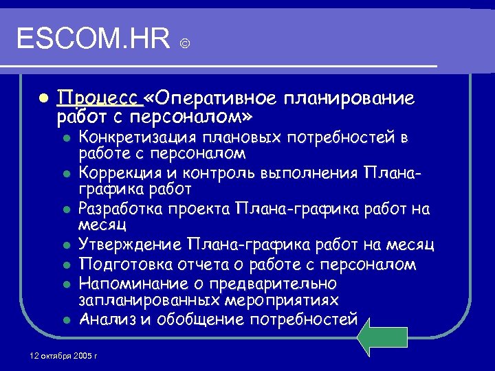 ESCOM. HR l Процесс «Оперативное планирование работ с персоналом» l l l l Конкретизация