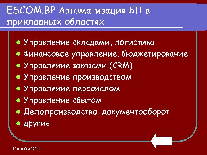 ESCOM. BP Автоматизация БП в прикладных областях l l l l Управление складами, логистика