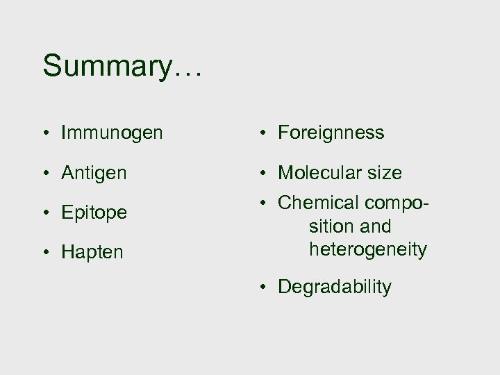 Summary… • Immunogen • Foreignness • Antigen • Molecular size • Epitope • Chemical