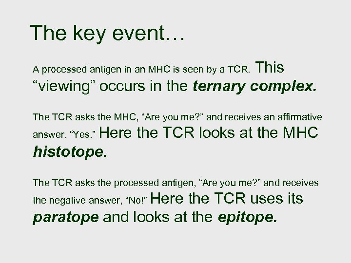 The key event… This “viewing” occurs in the ternary complex. A processed antigen in