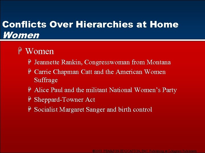 Conflicts Over Hierarchies at Home Women H Jeannette Rankin, Congresswoman from Montana H Carrie