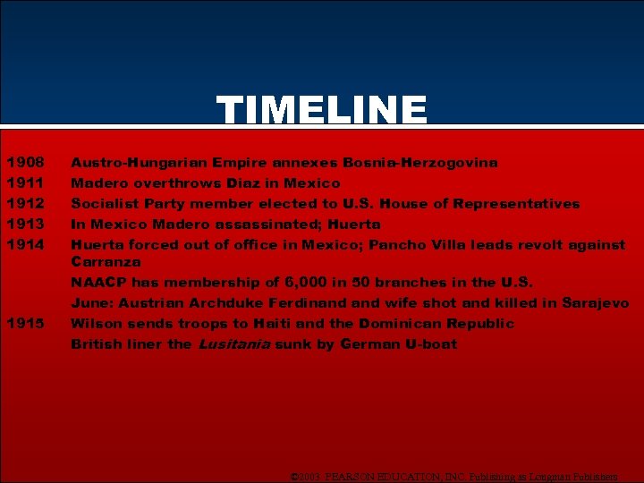 TIMELINE 1908 1911 1912 1913 1914 1915 Austro-Hungarian Empire annexes Bosnia-Herzogovina Madero overthrows Diaz