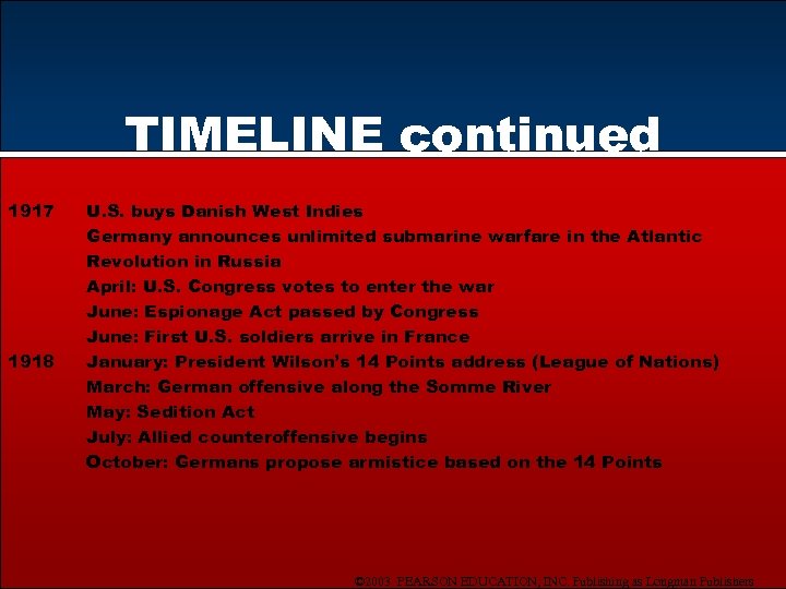 TIMELINE continued 1917 1918 U. S. buys Danish West Indies Germany announces unlimited submarine