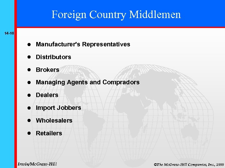 Foreign Country Middlemen 14 -16 Manufacturer's Representatives Distributors Brokers Managing Agents and Compradors Dealers