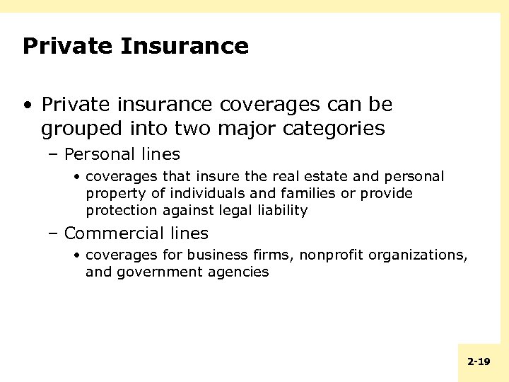 Private Insurance • Private insurance coverages can be grouped into two major categories –