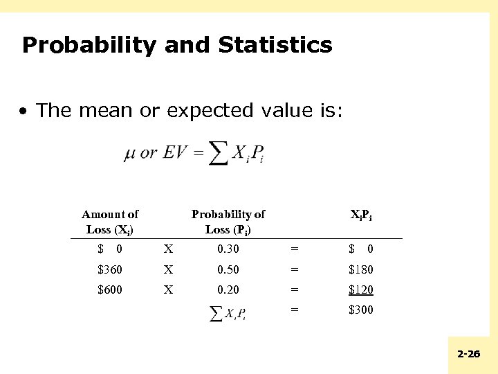 Probability and Statistics • The mean or expected value is: Amount of Loss (Xi)