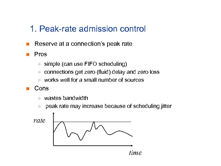 1. Peak-rate admission control n Reserve at a connection’s peak rate n Pros u