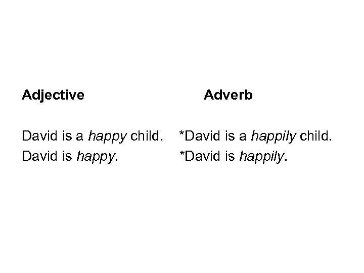 Adjective Adverb David is a happy child. *David is a happily child. David is