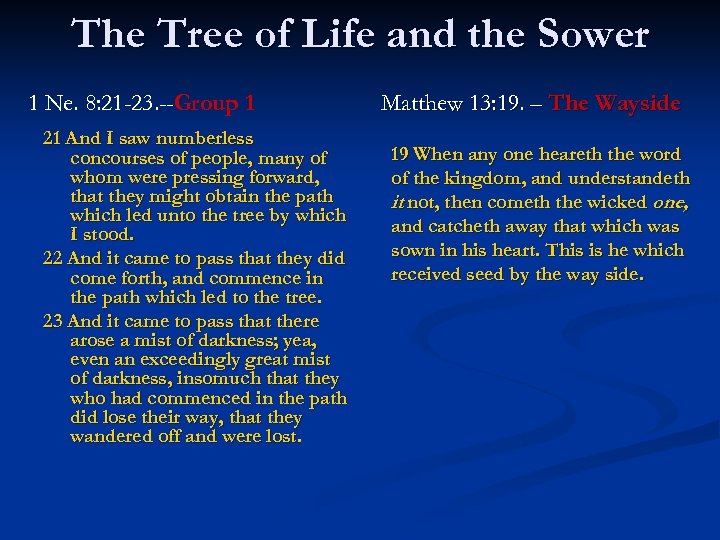 The Tree of Life and the Sower 1 Ne. 8: 21 -23. --Group 1
