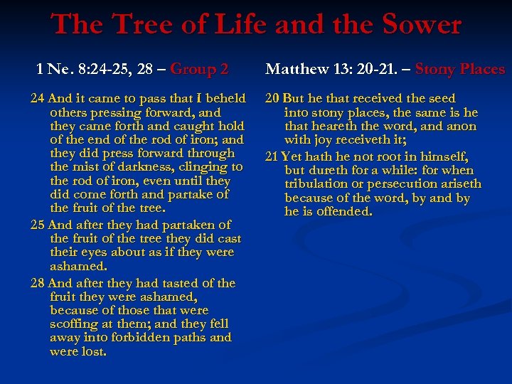 The Tree of Life and the Sower 1 Ne. 8: 24 -25, 28 –